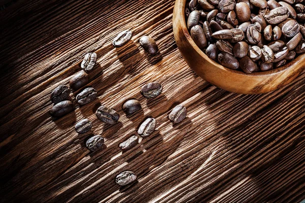 Roasted Coffee Beans Bowl Vintage Wooden Board — Stock Photo, Image
