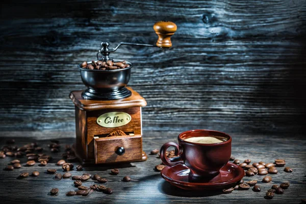 Koffie Samenstelling Espresso Beker Molen Met Bonen Vintage Hout — Stockfoto