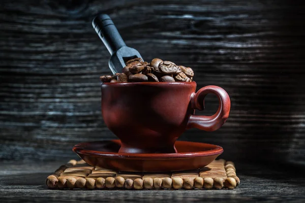 Tasse Brune Avec Grains Café Petite Cuillère Noire — Photo