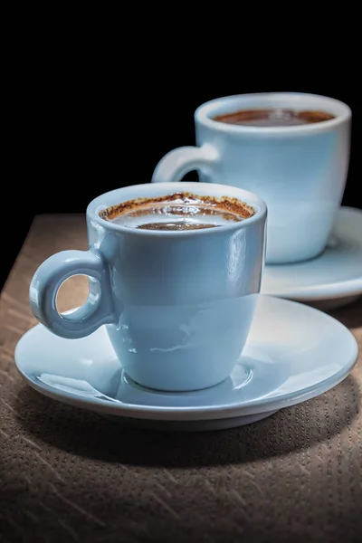 Dos Tazas Café Con Espresso Sobre Tabla Madera Vintage —  Fotos de Stock