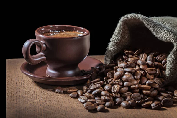 Espresso Lera Kaffe Cup Och Säck Med Bönor — Stockfoto