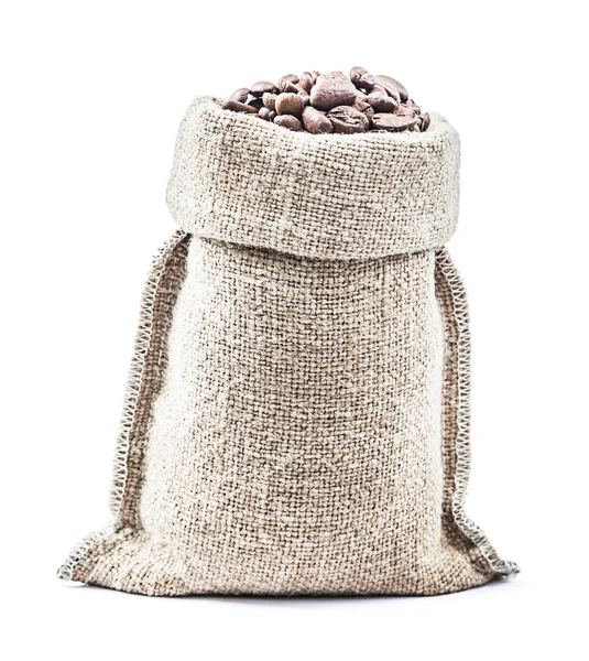 Classic burlap sack with coffee beans isolated white — Stock Photo, Image