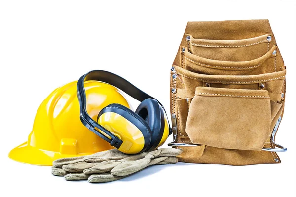 Construction helmet gloves earphones leather toolbelt isolated o — Stock Photo, Image