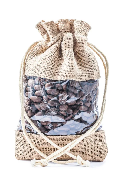 Burlap bag with beans of coffee isolated — Stock Photo, Image