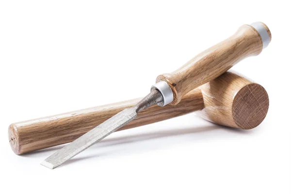 Beitel en houtbewerkers houten kleine hamer geïsoleerd — Stockfoto