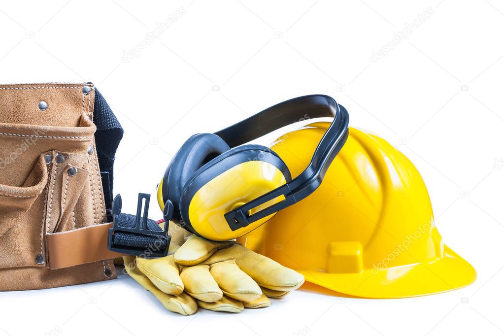 leather toolbelt gloves earphones and helmet