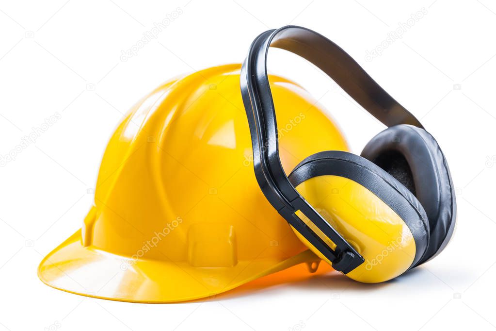 earphones with yellow helmet isolated on white  background