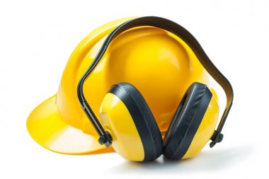 sarı kulaklıklar ve kask izole edildi