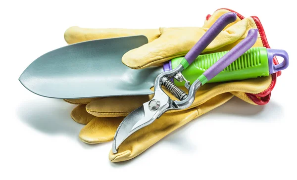Handschoenen snoeischaar en hand spade geïsoleerd — Stockfoto
