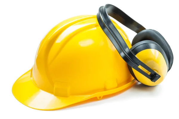 Cuffie con casco di costruzione giallo isolato su bianco — Foto Stock