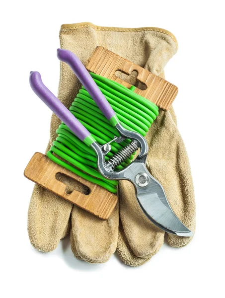 Gloves garden rope and secateurs isolated — Stock Photo, Image