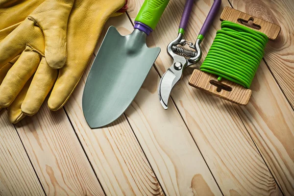 Garden hand tools spade secateurs roupe gloves on wood — Stock Photo, Image