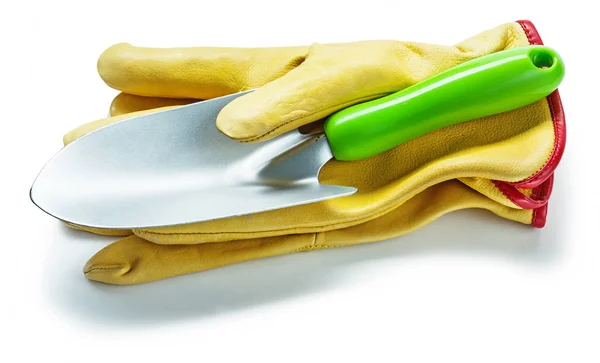 Narzędzia rolnicze para żółte Skórzane rękawice robocze i ręce — Zdjęcie stockowe