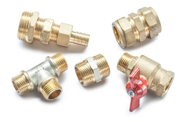 Plumbing Tools Brass Pipe Connectors Isolated On White Backgroun — Stock Photo, Image