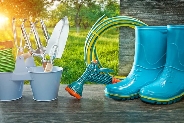 Ferramentas Jardinagem Botas Chuva Borracha Azul Mangueira Pulverizador Pistola Garfo Imagens De Bancos De Imagens