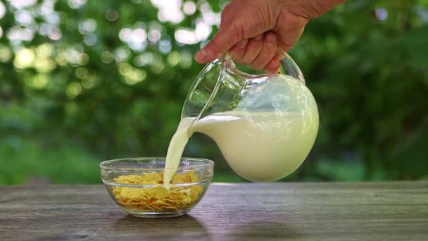 Γάλα Χύνεται Από Μια Γυάλινη Κανάτα Ένα Μπολ Κορν Φλέικς — Αρχείο Βίντεο