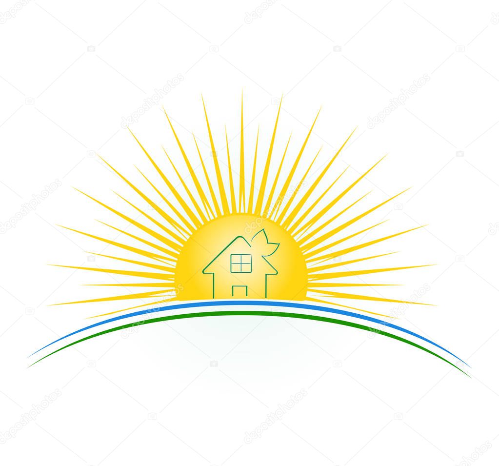 vector illustration of a green house at sunse