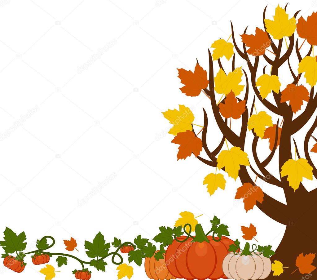 Vector illustration of a fall tree with leaves and pumpkins