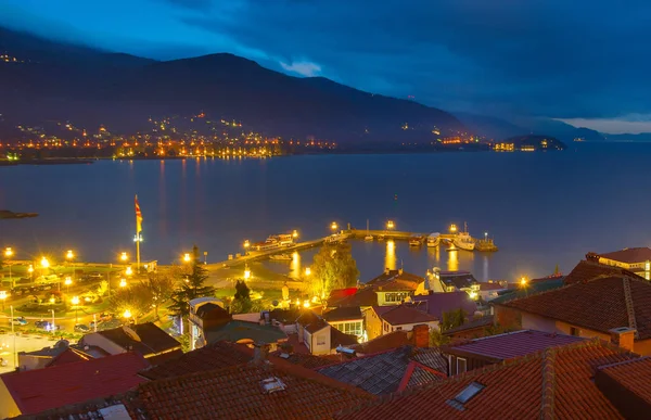 Ohrid Óváros Kikötő Twilight Macedónia — Stock Fotó