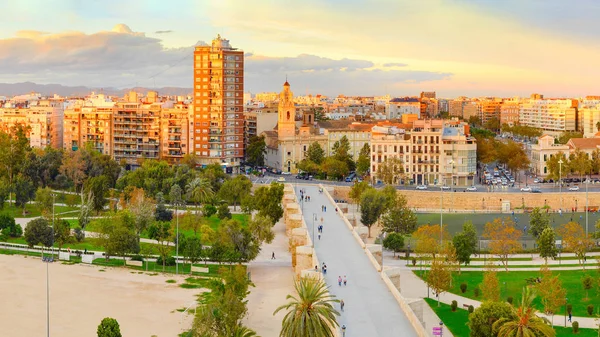 Panoramę Miasta Walencja Zachodzie Słońca Hiszpania — Zdjęcie stockowe