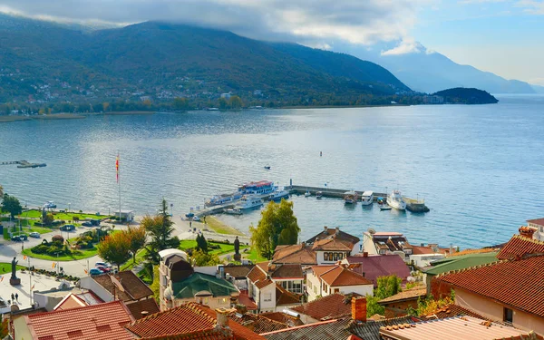 Silhuett Ohrid Gamla Stan Och Sjön Makedonien — Stockfoto