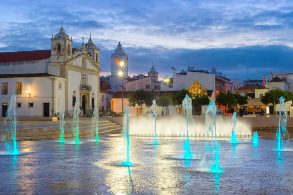 Historical City Center Illuminated Fountain Square Santa Maria Church Building — Stock Photo, Image