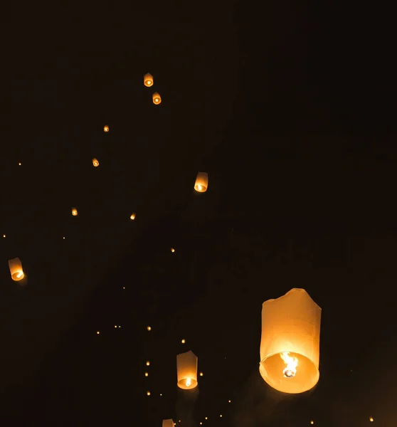 Sky Lanterns Glowing Black Night Sky Pai Thailand — Stock Photo, Image