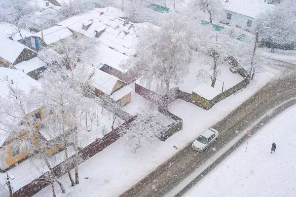 Aerail View Residential Area Car Road Privat Houses Snowfall Winter — Stock Photo, Image