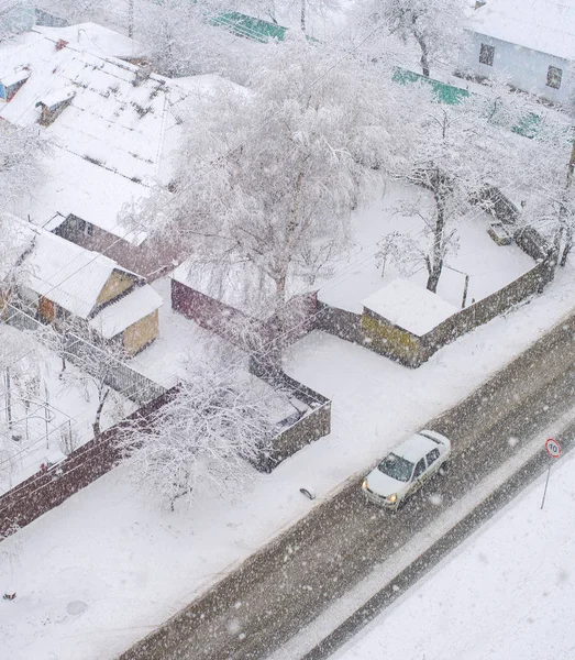 Heavy snowfall winter people aerial — Stock Photo, Image