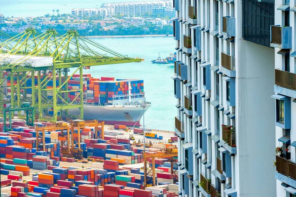 Appartementencomplex Internationale Commerciële Haven Van Singapore Schepen Kleurrijke Vrachtcontainers Vracht — Stockfoto