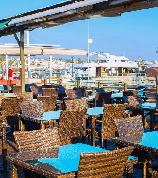 Restaurant Vide Dans Marina Paphos Coucher Soleil Chypre — Photo