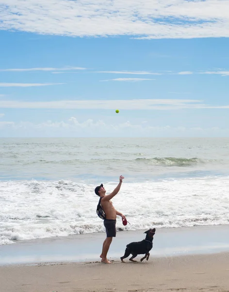 Homme jouant avec chien, Bali — Photo