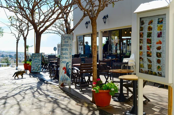 Paphos Cyrus Feb 2019 Leeg Straatrestaurant Met Uitzicht Zee Oude — Stockfoto