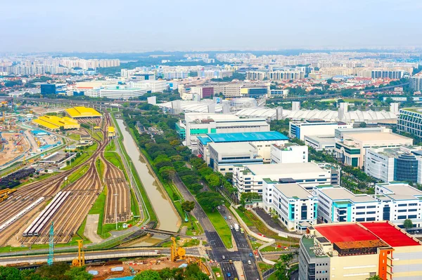 Vista Aérea Del Área Industrial Singapur Con Bloques Fábricas Ferrocarril — Foto de Stock