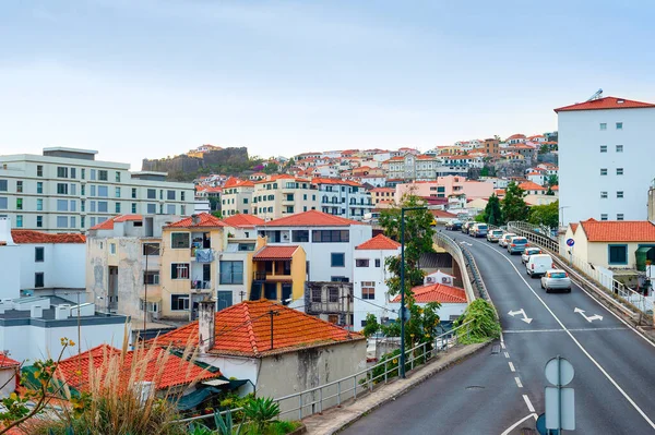 Aerial Funchal Cityscape Traffic Hill Road Residential Houses Red Rooftops — Stock Photo, Image