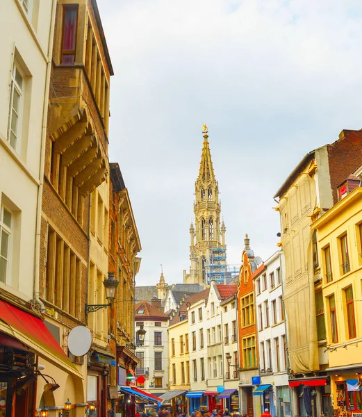 Toeristische Winkelstraat Met Cafés Restaurants Collegiale Kerk Van Heiligen Peter — Stockfoto