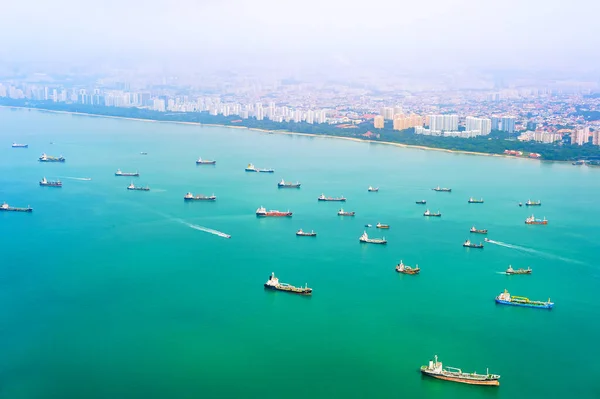 Vista Aérea Navios Carga Carregados Com Contêineres Mar Logística Exportação — Fotografia de Stock