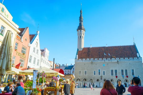 Tallinn Estonia July 2019 人们在塔林老城的塔林大厅前拍照 — 图库照片