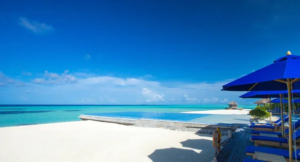 Spiaggia Tropicale Alle Maldive Con Poche Palme Laguna Blu — Foto Stock