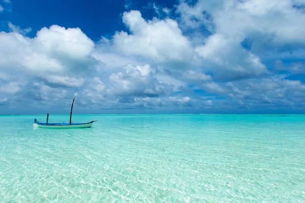 Trópusi Strand Maldív Szigeteken Kevés Pálmafával Kék Lagúnával — Stock Fotó