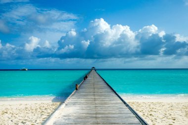 Beyaz kumlu sahili ve denizi olan tropik Maldivler adası