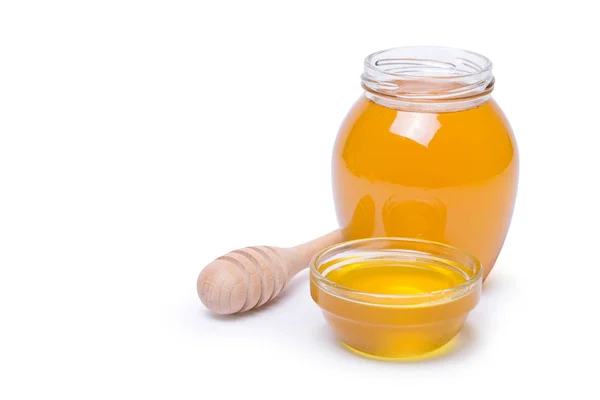 Honiglöffel Und Honig Glas Auf Weißem Hintergrund — Stockfoto