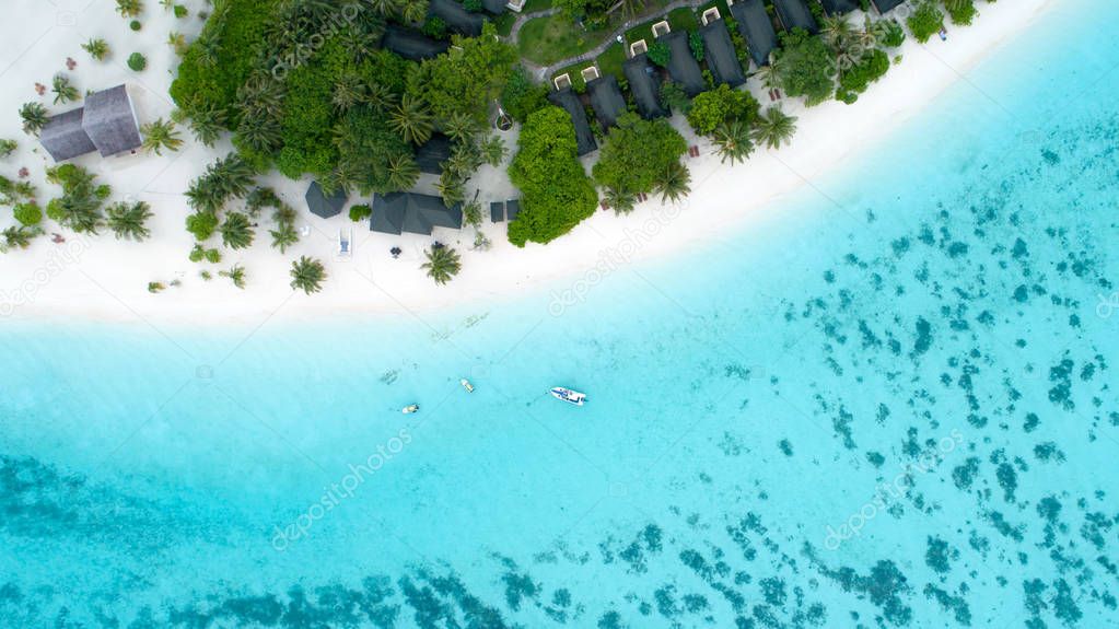 Beautiful aerial view of Maldives and tropical beach . Travel an