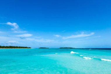 Beyaz kumlu sahili ve denizi olan tropik Maldivler adası