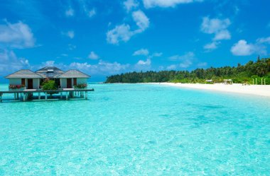 Beyaz kumlu sahili ve denizi olan tropik Maldivler adası