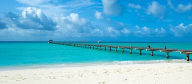 Beyaz kumlu sahili ve denizi olan tropik Maldivler adası