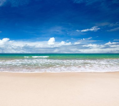 Beyaz kumlu sahili ve denizi olan tropik Maldivler adası