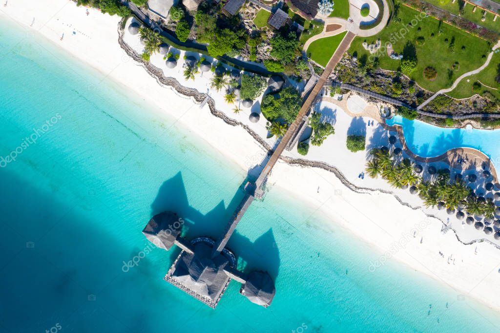 The beautiful tropical Island of Zanzibar aerial view. sea in Za