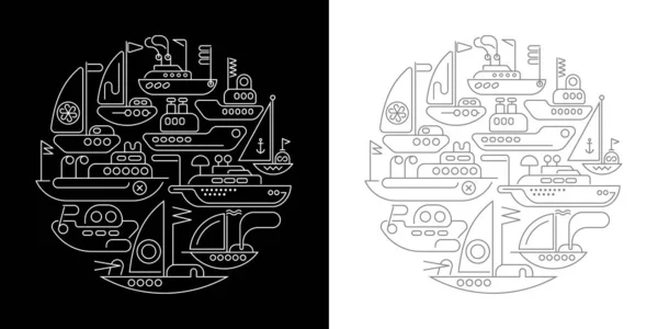 Gemiler ve Yatlar yuvarlak şekil çizgi sanat tasarımları — Stok Vektör