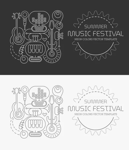 暗い灰色と白い背景に隔離されたラインアート夏の音楽祭のベクトルイラスト 異なる楽器 機器やテキストのシルエットとポスターデザイン — ストックベクタ